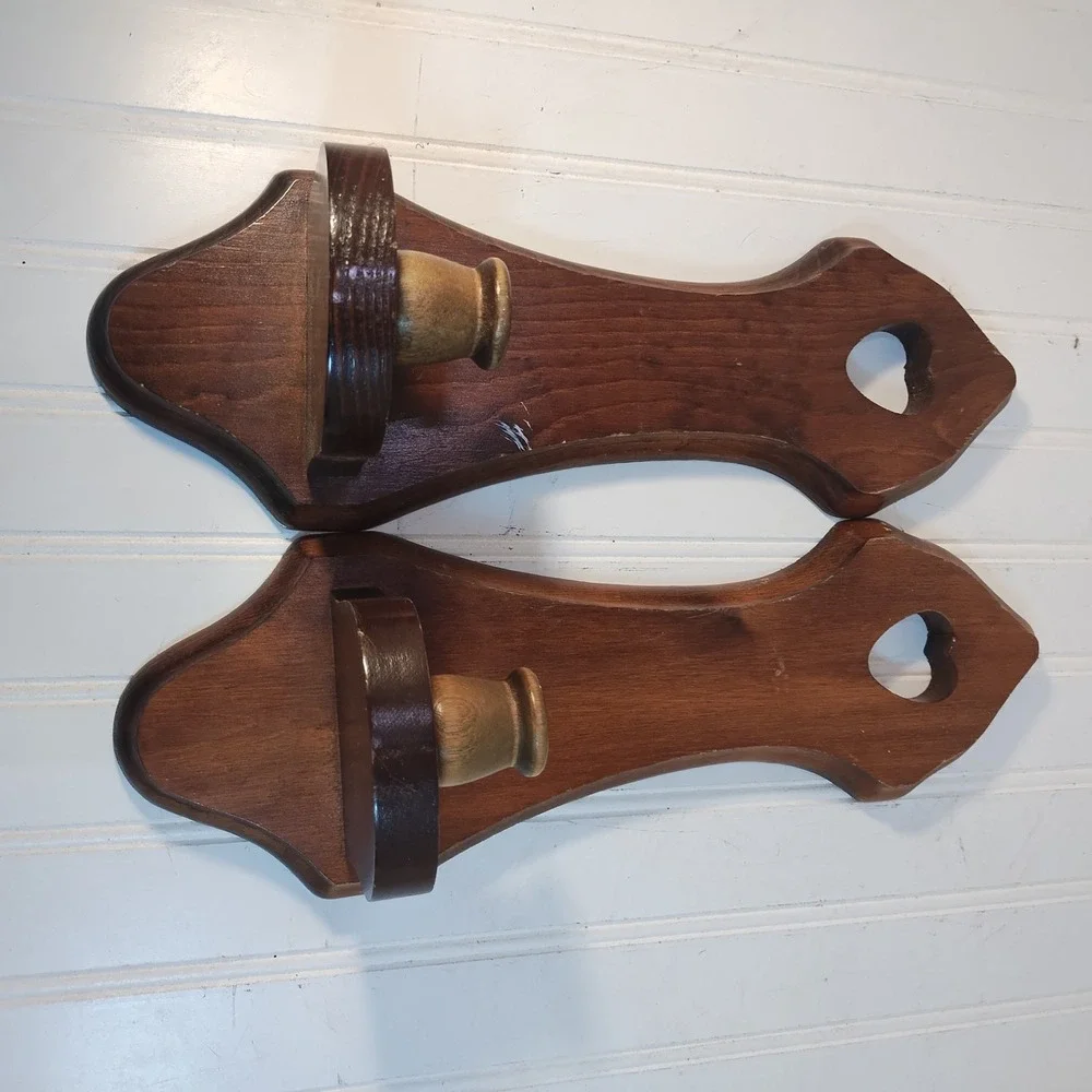 Pair Vintage Wood Heart Cutout Wall Sconces Candle Holders Farmhouse Cottage 15